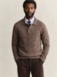 Gant dzianinowa koszulka polo z domieszką wełny Mężczyźni brązowy, XXL. Brązowe koszulki polo męskie GANT, m, bez wzorów, z dzianiny, eleganckie, bez ramiączek. Za 849.95 zł.