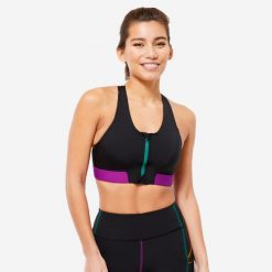 Stanik sportowy na suwak średni poziom podtrzymywania biustu. Czarne bluzy sportowe damskie DOMYOS, xs, bez wzorów, z elastanu, bez kołnierzyka, bez ramiączek, na fitness i siłownię. Za 119.99 zł.