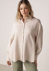 Beżowa Wiskozowa Koszula z Dodatkiem Lnu z Tkaniny Strukturalnej Noma. Brązowe bluzki damskie Born2be, uniwersalny, bez wzorów, z jeansu, casualowe, bez kołnierzyka, bez ramiączek. Za 89.99 zł.