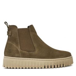 Sztyblety Tamaris. Brązowe botki damskie Tamaris, bez obcasa, na płaskiej podeszwie, bez zapięcia. Za 449.99 zł.