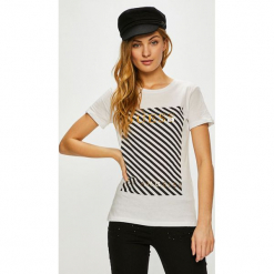 Guess Jeans - Top. Szare topy damskie Guess Jeans, z aplikacjami, z bawełny, z okrągłym kołnierzem, z krótkim rękawem. Za 189.90 zł.