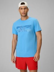 4F T-shirt reagular z nadrukiem męski - niebieski S. Niebieskie koszulki sportowe męskie 4f, m, bez wzorów, z bawełny, bez kołnierzyka, bez ramiączek. Za 59.99 zł.