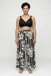 Damskie Spodnie palazzo paski z motywem kwiatów szeroka nogawka elastyczny pas. Czarne spodnie materiałowe damskie Ulla Popken, plus size, bez wzorów, z materiału. Za 191.99 zł.