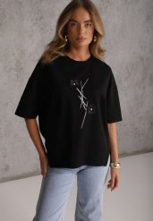 Czarny Wiskozowy T-shirt Ozdobiony Kwiatami i Perełkami Muvine. Czarne bluzki damskie Renee, l, z aplikacjami, z jeansu, street, bez kołnierzyka. Za 79.99 zł.