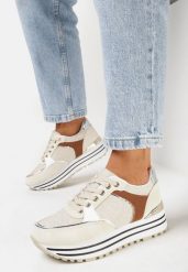 Beżowe Sneakersy z Materiałowymi Wstawkami i Brokatem Jutofa. Brązowe obuwie sportowe damskie Born2be, bez wzorów, z materiału, do biegania. Za 109.99 zł.