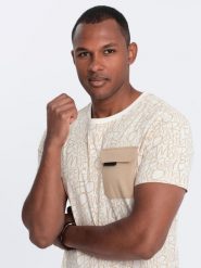 Bawełniany męski t-shirt z literowym printem i kieszonką – kremowo-brązowy V1 OM-TSFP-0188 - XL. Brązowe t-shirty męskie Ombre Clothing, l, bez wzorów, z bawełny, wizytowe, bez kołnierzyka. W wyprzedaży za 29.99 zł.
