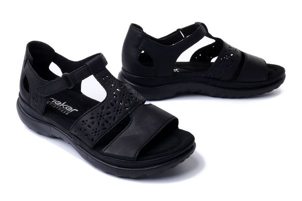 RIEKER 64865-01 black, sandały damskie. Czarne sandały damskie Rieker, w ażurowe wzory, bez obcasa, bez zapięcia. Za 349.90 zł.