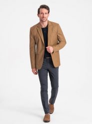Klasyczna marynarka męska z kieszenią na poszetkę - karmelowa V2 OM-BLZB-0115 - XXL. Marynarki męskie Ombre Clothing, bez wzorów, z poliesteru, klasyczne. Za 309.99 zł.