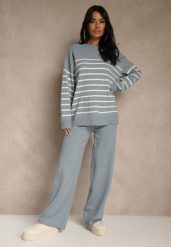 Niebieski Komplet z Bawełną i Wełną Spodnie o Szerokim Kroju i Sweter w Paski Reimeia. Niebieskie spodnie materiałowe damskie Renee, l, bez wzorów, z bawełny. Za 129.99 zł.