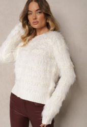 Biały Sweter z Wełną Ozdobiony Ściągaczami i Długim Włosiem Sialora. Białe swetry damskie Renee, na jesień, bez wzorów, z jeansu, biznesowe, bez kołnierzyka, bez ramiączek, długie, bez kaptura. Za 69.99 zł.
