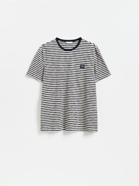 T-shirt regular w paski - granatowy. Niebieskie t-shirty męskie Reserved, l, bez wzorów, z bawełny, bez kołnierzyka. Za 69.99 zł.