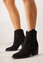 Czarne Botki Kowbojki na Stożkowym Obcasie z Ażurowym Wzorem i Eathetina. Czarne botki damskie Born2be, z jeansu, boho, bez obcasa, na obcasie, bez zapięcia. Za 149.99 zł.