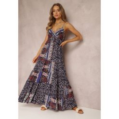 Granatowa Sukienka z Wiskozy Fihi. Niebieskie sukienki damskie Renee, l, bez wzorów, z wiskozy, boho, bez kołnierzyka, bez ramiączek, maxi, kopertowe. Za 74.99 zł.