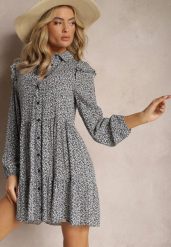 Granatowo-Biała Mini Sukienka o Rozkloszowanym Kroju w Kwiaty z Falbankami Limrena. Niebieskie sukienki dla dziewczynek Renee, na lato, bez wzorów, bez ramiączek. Za 59.99 zł.