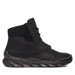 Trzewiki Rieker. Czarne botki damskie Rieker, bez obcasa, na płaskiej podeszwie, bez zapięcia. Za 279.99 zł.