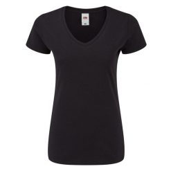 Koszulka Damska Iconic 150 Z Dekoltem V. Czarne koszulki sportowe damskie Fruit of the Loom, s, bez wzorów, bez kołnierzyka, bez ramiączek, trekkingowe. Za 40.99 zł.