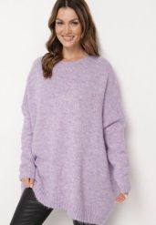 Fioletowy Klasyczny Sweter o Kroju Oversize Zallelia. Fioletowe swetry damskie Born2be, na jesień, bez wzorów, z wełny, biznesowe, bez kołnierzyka, bez ramiączek, długie, bez kaptura. Za 149.99 zł.