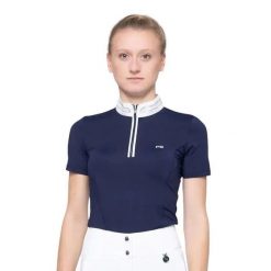Damska koszulka polo na zawody Premier Equine Maria Diamante. Niebieskie koszulki sportowe damskie PREMIER EQUINE, bez wzorów, bez kołnierzyka, bez ramiączek, do jazdy konnej. Za 363.00 zł.