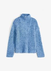 Sweter ze stójką i obniżoną linią ramon. Niebieskie swetry damskie bonprix, bez wzorów, bez kołnierzyka, bez ramiączek, bez kaptura. Za 144.99 zł.