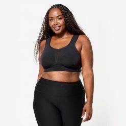 Biustonosz sportowy Decathlon E - H. Czarne obuwie sportowe damskie Decathlon, bez wzorów, z elastanu, na fitness i siłownię. Za 119.99 zł.