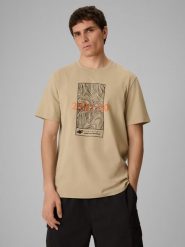 4F T-shirt regular z nadrukiem męski - beżowy XL. Brązowe t-shirty męskie 4f, m, bez wzorów, z materiału, bez kołnierzyka. Za 69.99 zł.