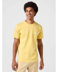 WRANGLER GRAPHIC TEE MĘSKA KOSZULKA T-SHIRT LOGO VARSITY YELLOW 112350430 W751013846. Żółte koszulki polo męskie Wrangler, l, bez wzorów, bez ramiączek. Za 69.99 zł.