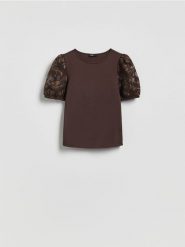 Bluzka z dodatkiem modalu - ciemnobrązowy. Brązowe bluzki damskie Reserved, l, bez wzorów, z bawełny, bez kołnierzyka, bez ramiączek. Za 99.99 zł.