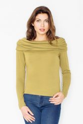 Dzianinowa Zielona Bluzka z Obfitym Golfem. Zielone bluzki damskie Figl, l, bez wzorów, z dzianiny, bez kołnierzyka, bez ramiączek. Za 189.00 zł.