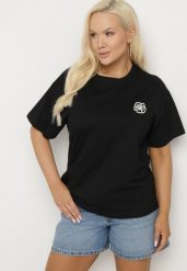 Czarny T-shirt z Bawełny z Naszywką Kwiatu Firirene. Czarne bluzki damskie Born2be, l, z aplikacjami, z bawełny, eleganckie, bez kołnierzyka. Za 49.99 zł.