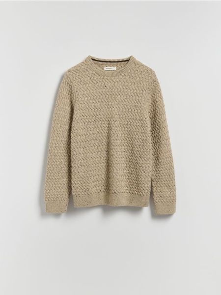 Strukturalny sweter z wełną - beżowy. Brązowe swetry przez głowę męskie Reserved, l, bez wzorów, z dzianiny, bez kołnierzyka. Za 159.99 zł.