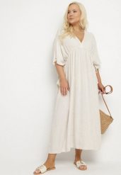 Beżowa Wiskozowa Sukienka z Lnem o Nietoperzowym Kroju z Wiązaniem Tolureia. Brązowe sukienki damskie Born2be, na co dzień, uniwersalny, bez wzorów, z wiskozy, eleganckie, bez kołnierzyka, bez ramiączek, midi, kopertowe. Za 139.99 zł.