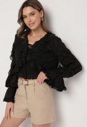 Czarna Bluzka z Wiązaniem i Falbankami z Dodatkowym Topem na Ramiączkach Mirasiela. Czarne bluzki damskie Born2be, m, z aplikacjami, z jeansu, eleganckie, bez kołnierzyka, bez ramiączek. Za 169.99 zł.