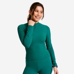 Koszulka fitness damska Domyos długi rękaw. Zielone koszulki sportowe damskie DOMYOS, xl, bez wzorów, z elastanu, bez kołnierzyka, bez ramiączek, na fitness i siłownię. Za 119.99 zł.
