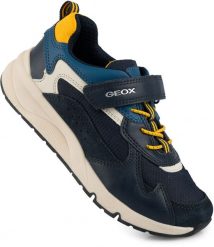Buty dziecięce sportowe sneakersy dla chłopca ekoskóra na rzep GEOX ROONER. Niebieskie trampki i tenisówki chłopięce Geox, bez wzorów, z materiału, sportowe, bez zapięcia. Za 145.00 zł.