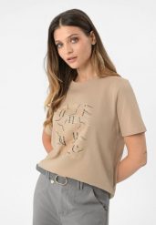 Koszulka z wzorem, Comfort Fit, T-UNIQ. Brązowe t-shirty damskie Volcano, l, bez wzorów, z bawełny, eleganckie, bez kołnierzyka. Za 69.99 zł.