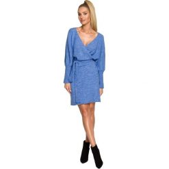 Swetrowa Sukienka z Zakładanym Dekoltem - Lazurowa. Niebieskie sukienki damskie MOE, l, bez wzorów, z dzianiny, bez kołnierzyka, bez ramiączek. Za 278.90 zł.