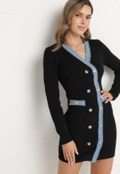 Czarna Dzianinowa Sukienka z Wiskozą w Stylu Retro z Ozdobnymi Napami Tesmere. Czarne sukienki damskie Born2be, na co dzień, m, z aplikacjami, z dzianiny, eleganckie, bez kołnierzyka, bez ramiączek, mini, dopasowane. Za 139.99 zł.