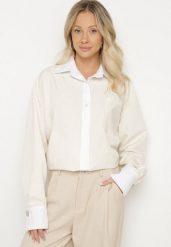 Beżowa Koszula Oversize z Wiskozy z Kieszenią i Aplikacjami przy Mankietach Lisavielis. Brązowe bluzki damskie Born2be, uniwersalny, z aplikacjami, z jeansu, eleganckie, bez kołnierzyka, bez ramiączek. Za 99.99 zł.