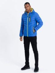 Sportowa kurtka męska pikowana - niebieska V4. Niebieskie kurtki sportowe męskie Ombre Clothing, m, bez wzorów, z nylonu. W wyprzedaży za 89.99 zł.