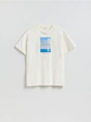 T-shirt regular z nadrukiem - złamana biel. T-shirty męskie Reserved, l, bez wzorów, z bawełny, bez kołnierzyka. Za 69.99 zł.