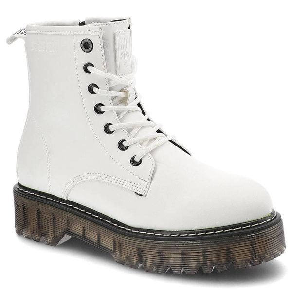 Glany damskie Big Star, cholewka ze skóry ekologicznej z wysoką formą i klasycznym sznurowaniem, KK274536,. Białe kozaki damskie Big Star, ze skóry ekologicznej, bez obcasa, na płaskiej podeszwie. Za 229.99 zł.