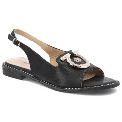 Sandały damskie S. Barski, z eko skóry z ozdobą na płaskim obcasie na sprzączkę, czarne, KV51-003. Czarne sandały damskie S.BARSKI, z aplikacjami, ze skóry, bez obcasa, na obcasie, bez zapięcia. Za 109.00 zł.