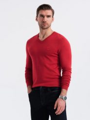 Męski elegancki sweter V-neck BASIC z wiskozą czerwony V20 OM-SWBS-0107 L. Czerwone bluzy męskie Ombre, l, bez wzorów, z wiskozy, bez kaptura. Za 136.15 zł.