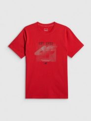 4F T-shirt regular z nadrukiem męski - czerwony M. Czerwone koszulki sportowe męskie 4f, m, bez wzorów, z materiału, bez kołnierzyka, bez ramiączek, na fitness i siłownię. Za 69.99 zł.