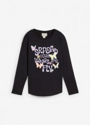 Bluzka z długim rękawem z czystej bawełny organicznej. Czarne t-shirty i topy dla dziewczynek bonprix, bez wzorów, z bawełny, bez ramiączek. Za 49.99 zł.