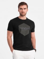 Męski t-shirt bawełniany z nadrukiem geometrycznym i logotypem - czarny V2. Czarne t-shirty męskie Ombre Clothing, l, bez wzorów, z bawełny, wizytowe, bez kołnierzyka. W wyprzedaży za 19.99 zł.