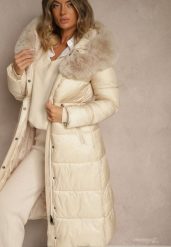 Beżowa Puchowa Kurtka Pikowana o Długim Kroju z Kapturem z Futerkiem Bavea. Brązowe kurtki damskie Renee, l, bez wzorów, z dzianiny, z kapturem. Za 379.99 zł.