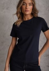 Granatowy T-shirt z Bawełny z Okrągłym Dekoltem Nedima. Niebieskie bluzki damskie Renee, m, bez wzorów, z bawełny, klasyczne, bez kołnierzyka. Za 39.99 zł.