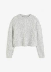 Sweter z grubej, miękkiej dzianiny z domieszką wełny. Szare swetry damskie bonprix, bez wzorów, z dzianiny, bez kołnierzyka, bez ramiączek, bez kaptura. Za 94.99 zł.