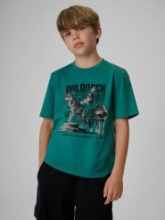 4F T-shirt regular z nadrukiem chłopięcy - turkusowy 128 (7-8 lat). Niebieskie t-shirty dla chłopców 4f, bez wzorów, z bawełny, bez ramiączek. Za 49.99 zł.